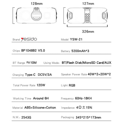 Głośnik Bluetooth Yesido YSW21 Karaoke, 120W, RGB, Wodoodporny, Czarny