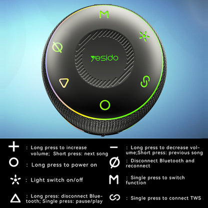 Yesido YSW22 Portable Bluetooth Speaker, 30W, RGB, Waterproof, Black