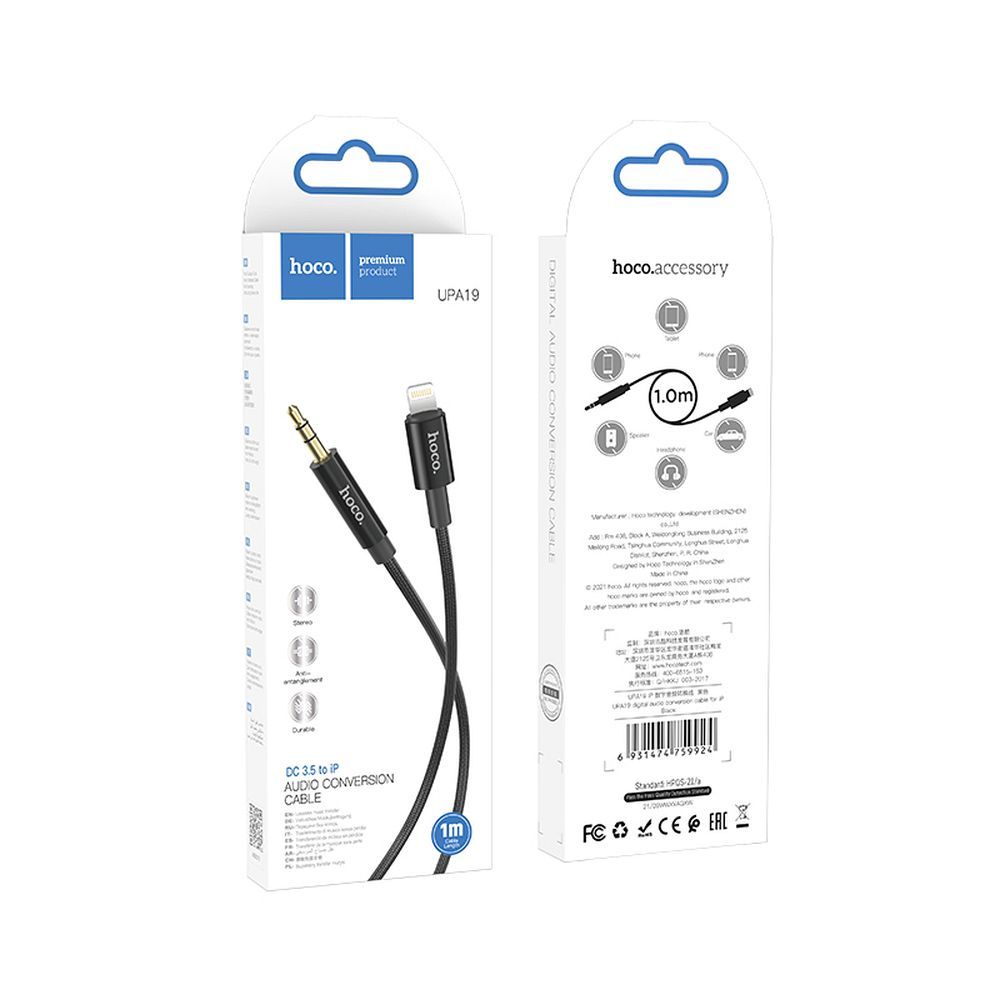 Kabel audio 3,5 mm - Lightning HOCO UPA19, 1 m, czarny 