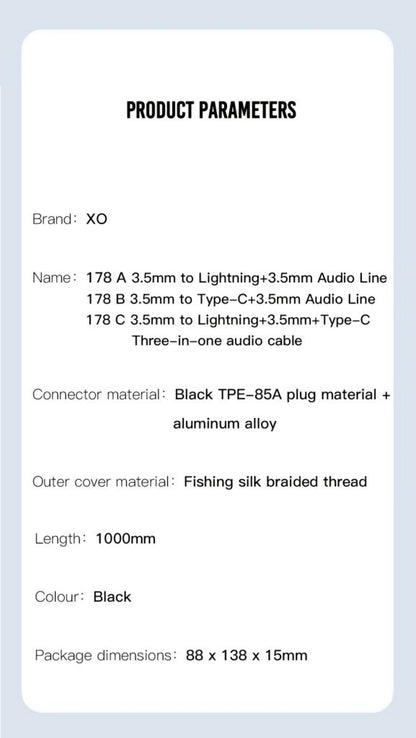 USB-C / 3.5mm - 3.5mm XO Design NB178B Audio Cable, 1m, Black