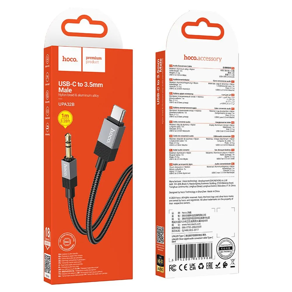 Kabel Audio USB-C - 3.5mm HOCO UPA32B, 1m, Czarny
