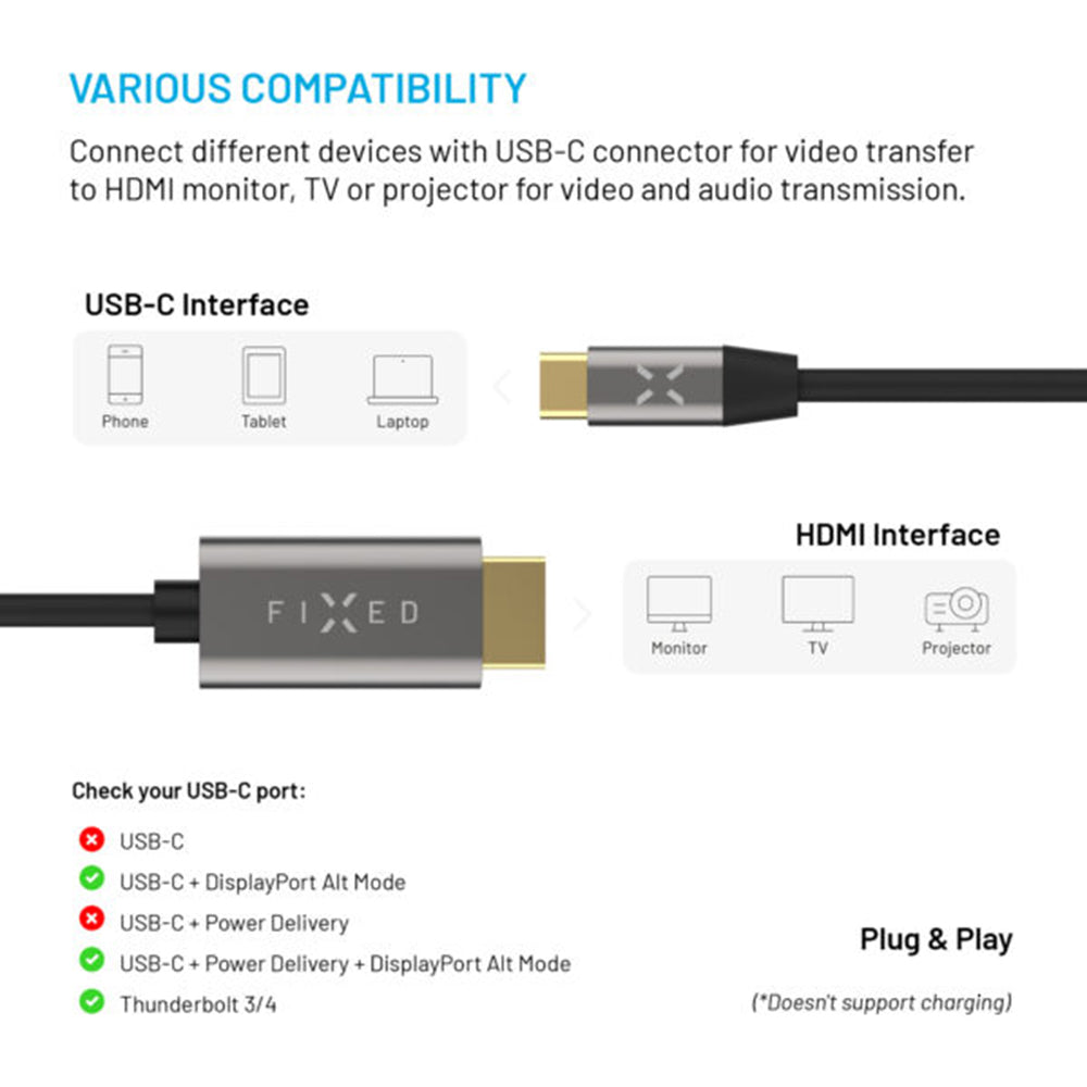 Kabel Audio i Video USB-C - HDMI Fixed, 2m, Szary