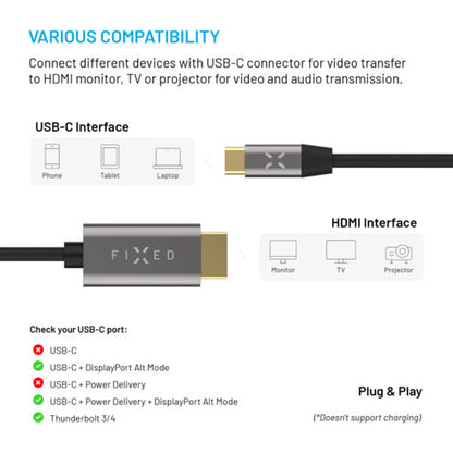 Kabel Audio i Video USB-C - HDMI Fixed, 2m, Szary