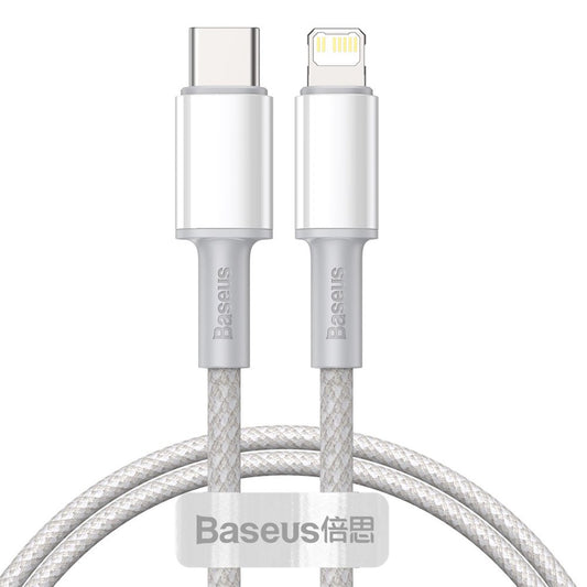 Kabel USB-C - Lightning Baseus o wysokiej gęstości w oplocie do ładowania i transmisji danych, 20 W, 2 m, biały CATLGD-A02