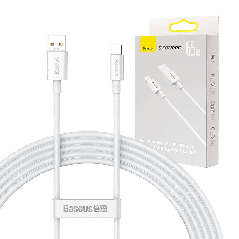 Kabel do ładowania i transmisji danych Baseus Superior Series USB-A do USB-C, 65 W, 2 m, biały CAYS000901