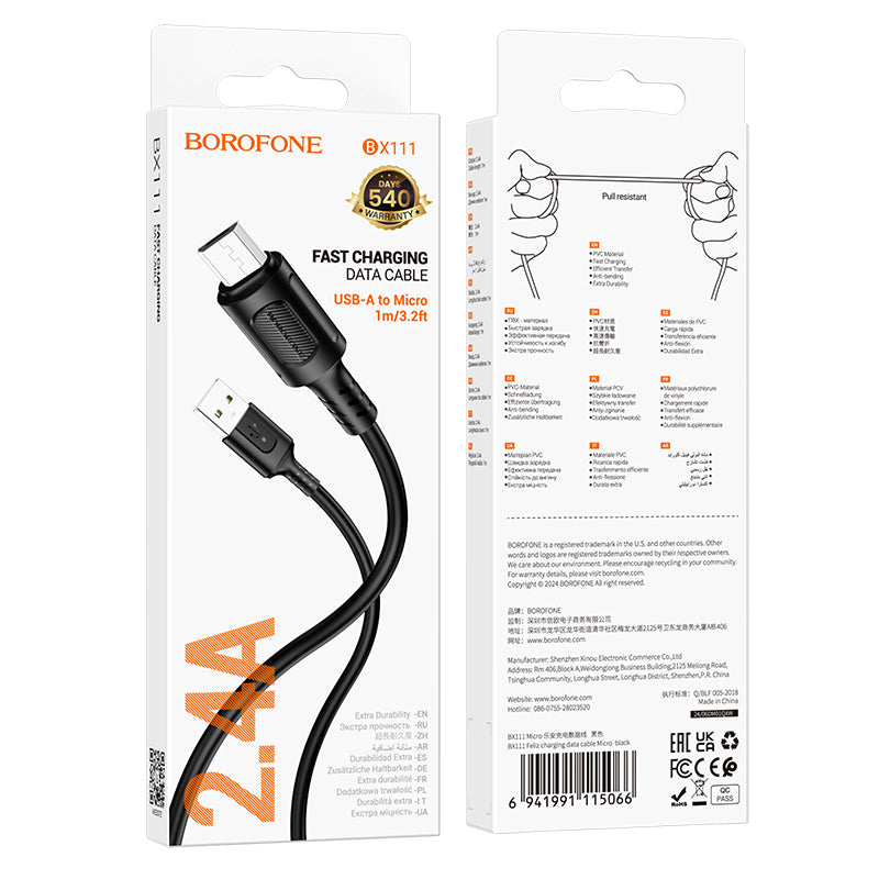 Kabel do ładowania i transmisji danych USB-A - microUSB Borofone BX111 Feliz, 18W, 1m, czarny 