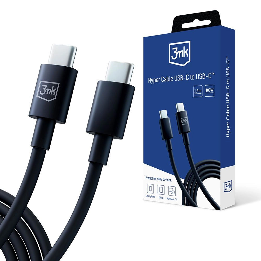 Kabel do danych i ładowania USB-C - USB-C 3MK Hyper, 100W, 1.2m, Czarny