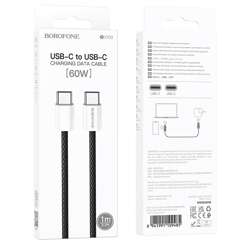 Kabel do danych i ładowania USB-C - USB-C Borofone BX103 Original, 60W, 1m, Czarny