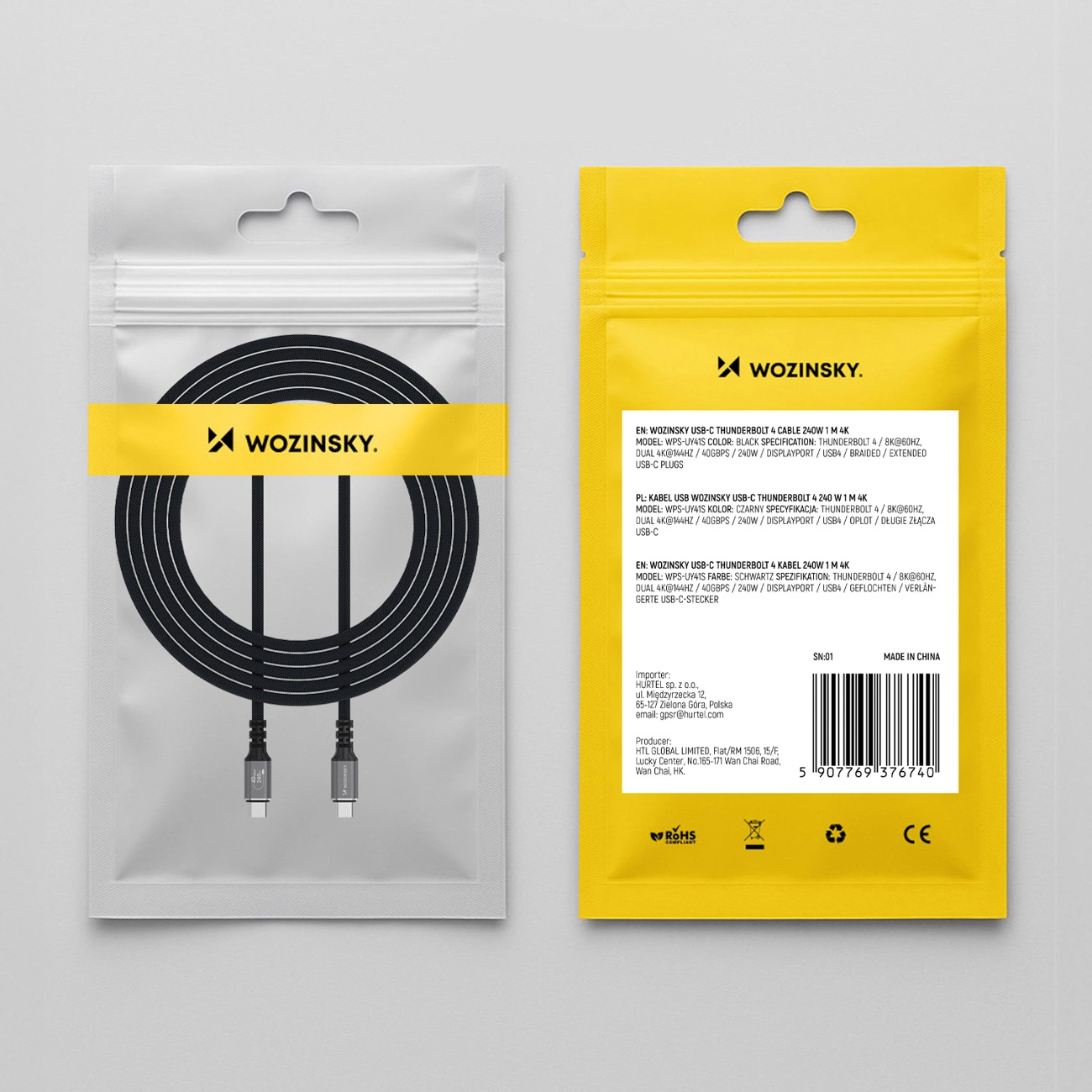 Kabel do danych i ładowania USB-C - USB-C WZK WPS-UY42S, 240W, 2m, Czarny