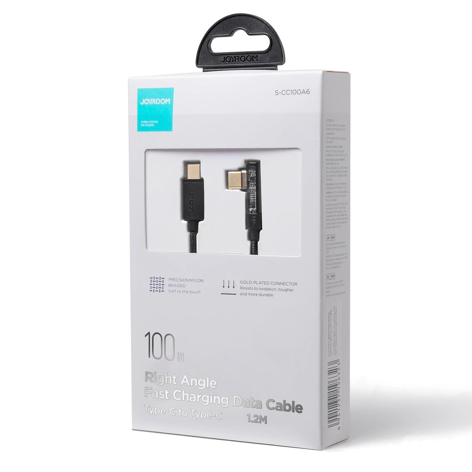 Kabel do danych i ładowania USB-C - USB-C Joyroom S-CC100A6 Angled, 100W, 1.2m, Czarny
