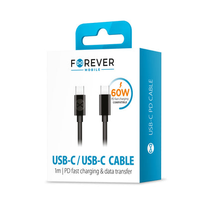 Kabel do danych i ładowania USB-C - USB-C Forever, 60W, 1m, Czarny