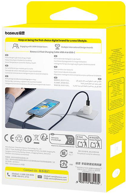 Kabel do danych i ładowania USB-A - USB-C Baseus Lit Button Control, 100W, 1m, Czarny P10379002121-00