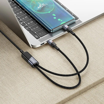 Kabel USB-C do danych i ładowania - 2 x USB-C HOCO U139 2w1, 100W, 1,2m, Czarny