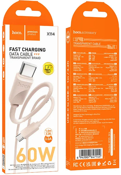 Kabel do danych i ładowania USB-C - USB-C HOCO X114, 60W, 1m, Różowy