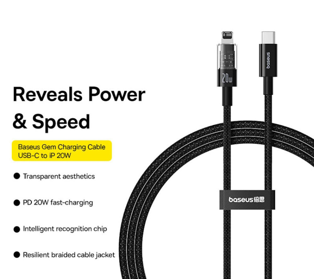 Kabel do danych i ładowania USB-C - Lightning Baseus Gem, 20W, 2m, Czarny P10373001111-01