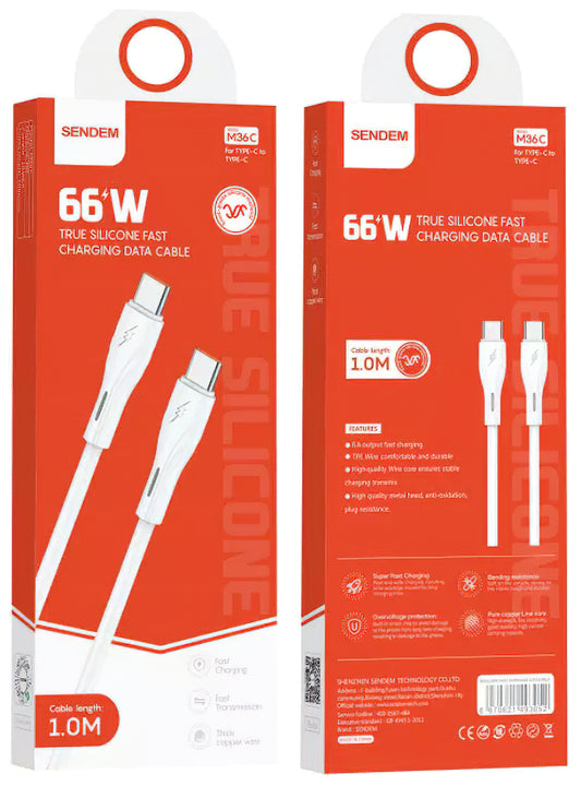 Kabel do przesyłu danych i ładowania USB-C - USB-C Sendem M36C, 66W, 1m, biały
