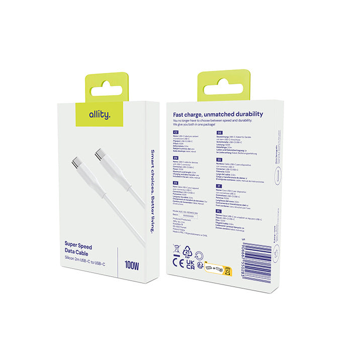 Kabel do danych i ładowania USB-C - USB-C Allity. AUC-02, 100W, 2m, Biały