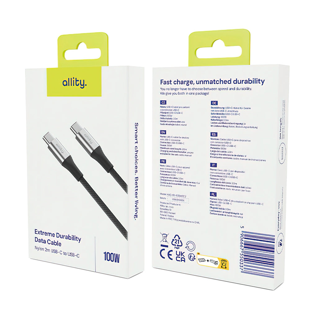 Kabel do danych i ładowania USB-C - USB-C Allity. AUC-01, 100W, 2m, Czarny