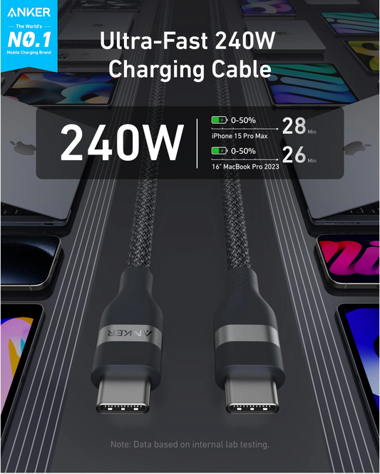 Kabel do danych i ładowania USB-C - USB-C Anker, 240W, 1.8m, Czarny A82E2H12