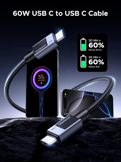 Kabel do danych i ładowania USB-C - USB-C UGREEN L524, 60W, 2m, Szary