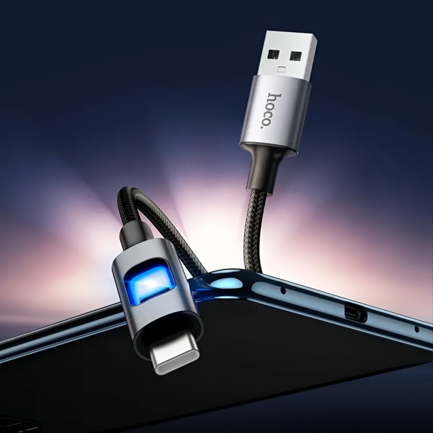 Kabel do danych i ładowania USB-A - USB-C HOCO U144 Led, 18W, 1.2m, Czarny