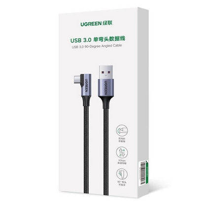 Kabel do transmisji danych i ładowania USB-A - USB-C UGREEN US385 kątowy, 60W, 1m, szary 