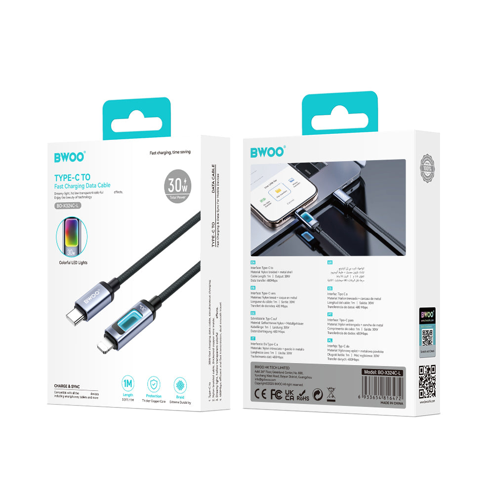 Kabel do danych i ładowania USB-C - Lightning BWOO X324CL Display, 30W, 1m, Czarny