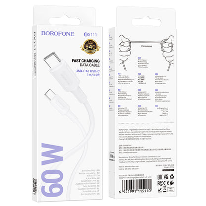 Kabel USB-C do ładowania i transmisji danych - USB-C Borofone BX111 Feliz, 60W, 1m, biały 