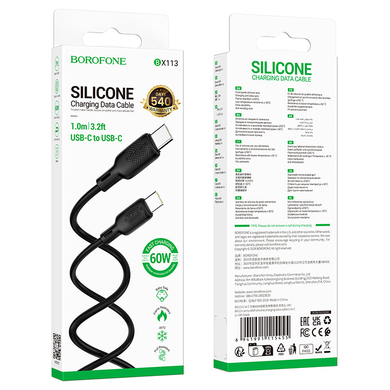 Kabel do przesyłu danych i ładowania USB-C - USB-C Borofone BX113 Lenny, 60W, 1m, Czarny