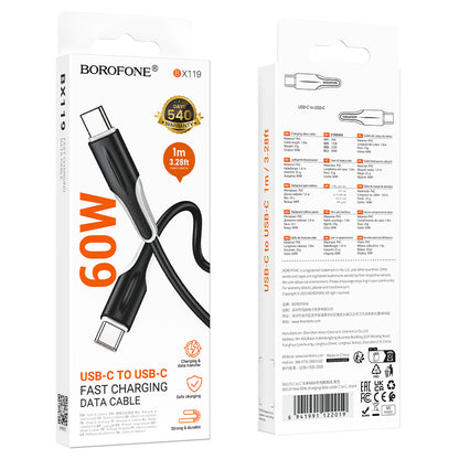 Kabel do przesyłu danych i ładowania USB-C - USB-C Borofone BX119 New, 60W, 1m, Czarny
