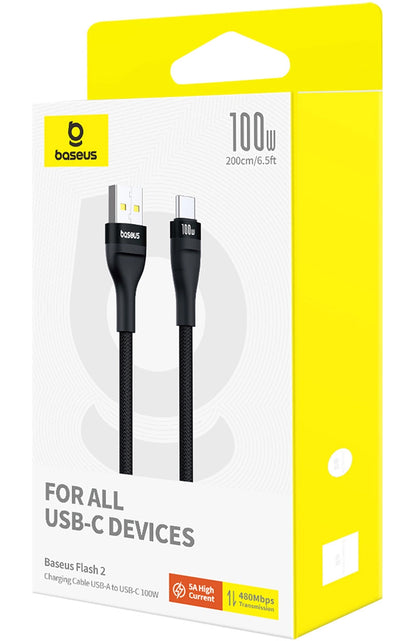 USB-A to USB-C Data and Charging Cable Baseus Flash Series II, 100W, 2m, Black P10311804111-01