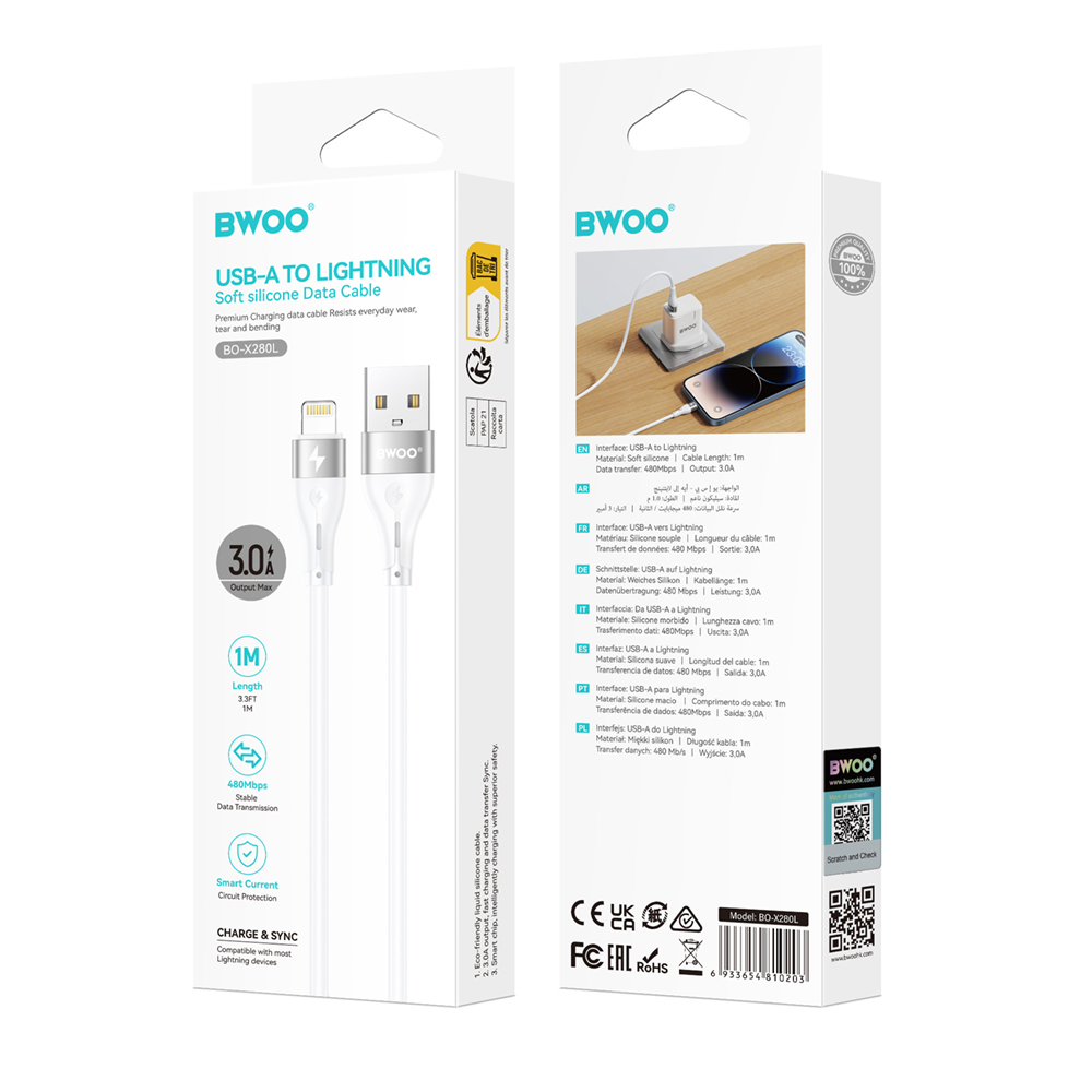 Kabel do przesyłu danych i ładowania USB-A - Lightning BWOO X280L, 15W, 1m, biały