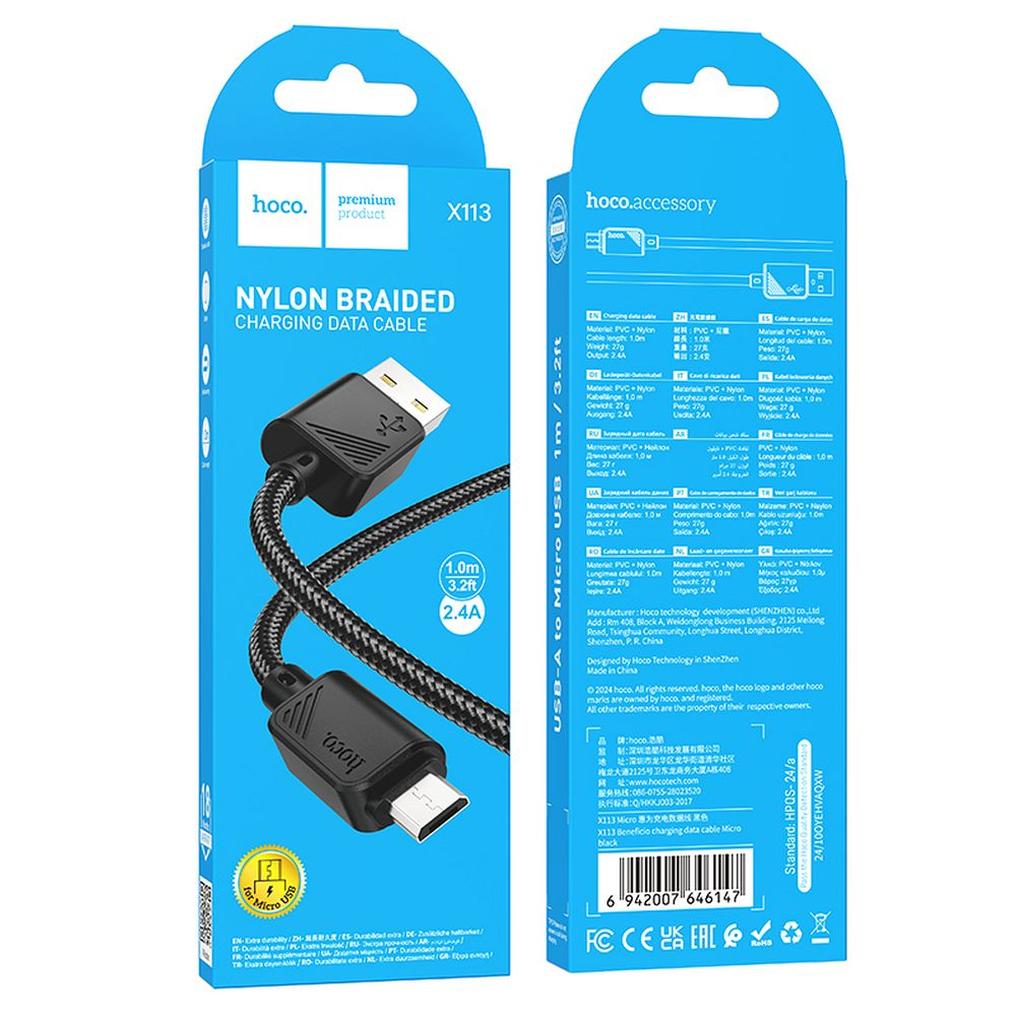 USB-A to microUSB Data and Charging Cable HOCO X113, 18W, 1m, Black