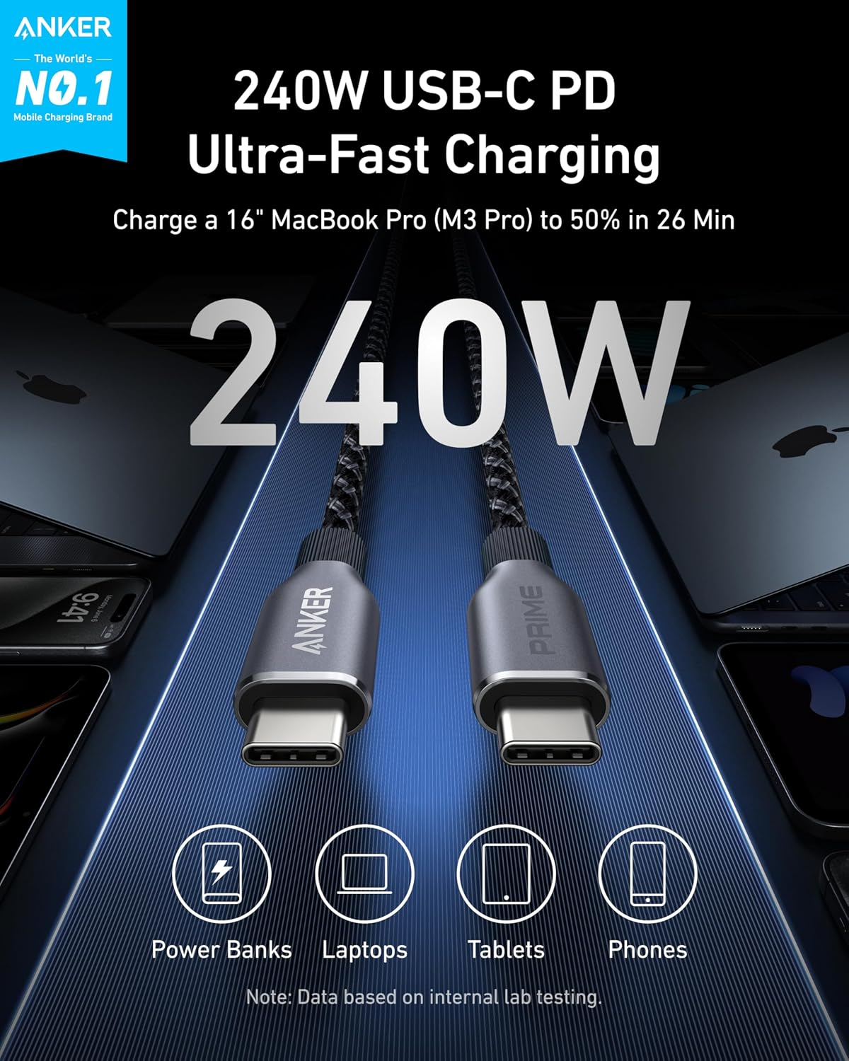 Kabel do przesyłania danych i ładowania USB-C – USB-C Anker Prime, 240 W, 0,9 m, czarny A88E2011