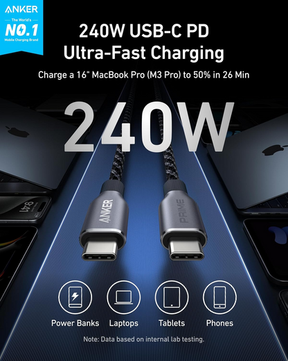 Kabel do przesyłania danych i ładowania USB-C – USB-C Anker Prime, 240 W, 0,9 m, czarny A88E2011