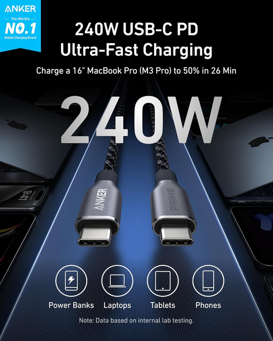 Kabel do przesyłania danych i ładowania USB-C – USB-C Anker Prime, 240 W, 0,9 m, czarny A88E2011