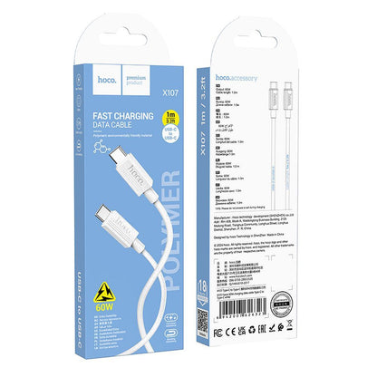 Kabel do danych i ładowania USB-C - USB-C HOCO X107, 60W, 1m, Biały
