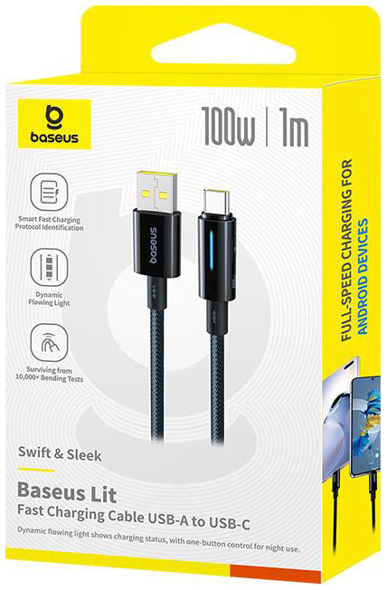 Kabel do danych i ładowania USB-A - USB-C Baseus Lit Button Control, 100W, 1m, Czarny P10379002121-00
