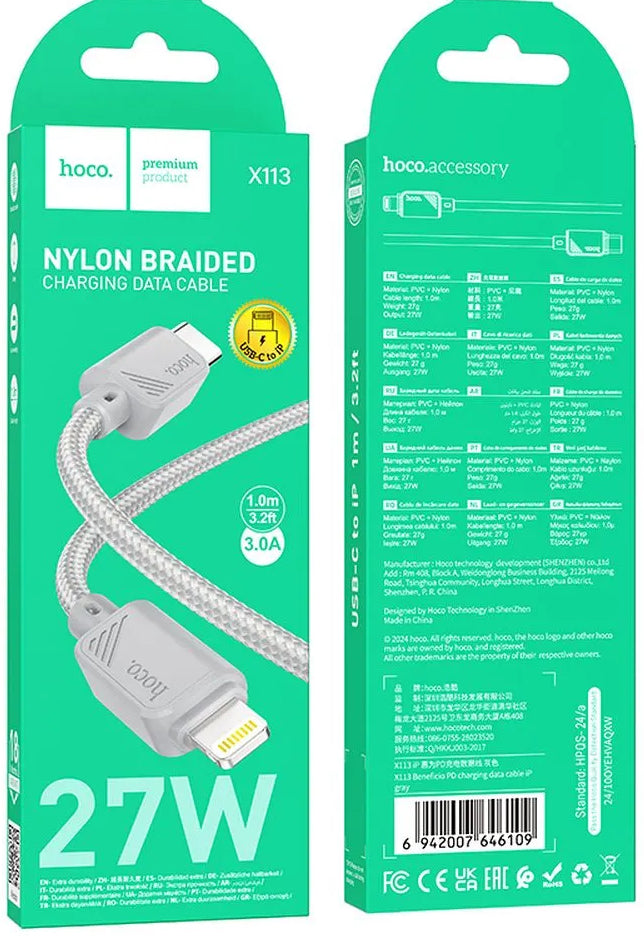 Kabel do danych i ładowania USB-C - Lightning HOCO X113, 27W, 1m, Szary