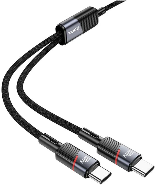 Kabel USB-C do danych i ładowania - 2 x USB-C HOCO U139 2w1, 100W, 1,2m, Czarny