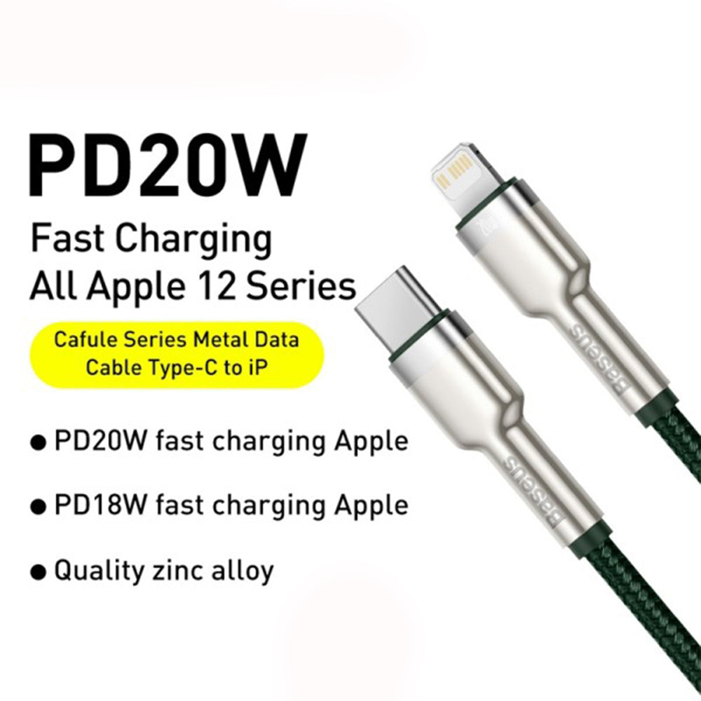 Kabel do danych i ładowania USB-C - Lightning Baseus Cafule Metal Series, 20W, 2m, Zielony CATLJK-B06