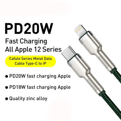 Kabel do danych i ładowania USB-C - Lightning Baseus Cafule Metal Series, 20W, 2m, Zielony CATLJK-B06
