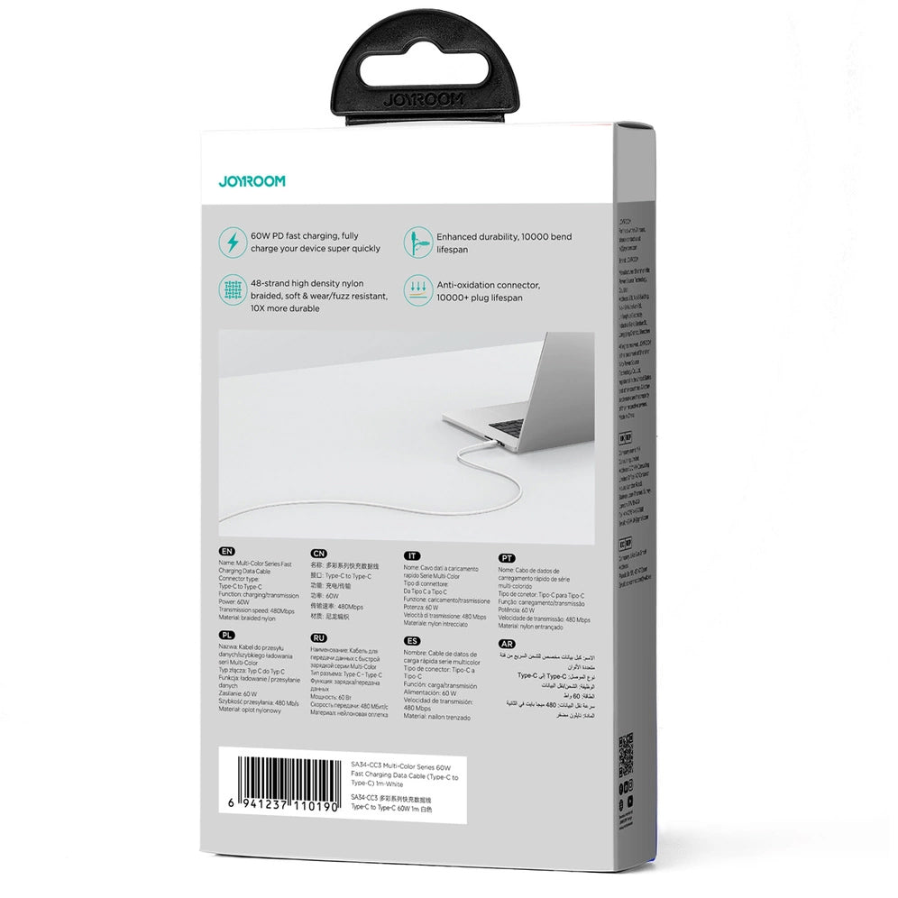 Kabel do danych i ładowania USB-C - USB-C Joyroom Multi-Color S-A34, 60W, 1m, Biały