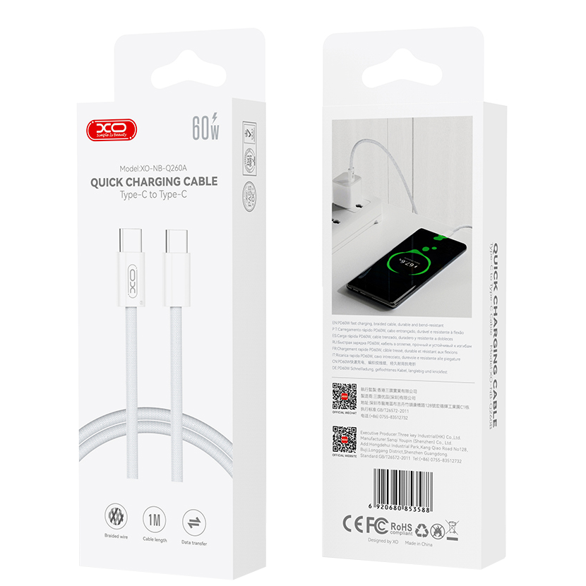 Kabel do danych i ładowania USB-C - USB-C XO Design NB-Q260A, 60W, 1m, Biały