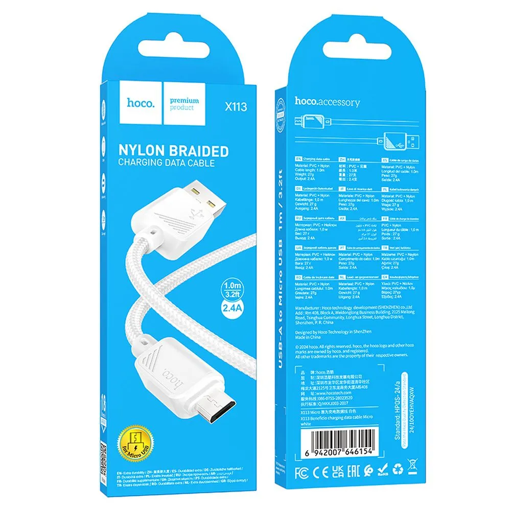 Kabel do przesyłu danych i ładowania USB-A - microUSB HOCO X113, 18W, 1m, biały