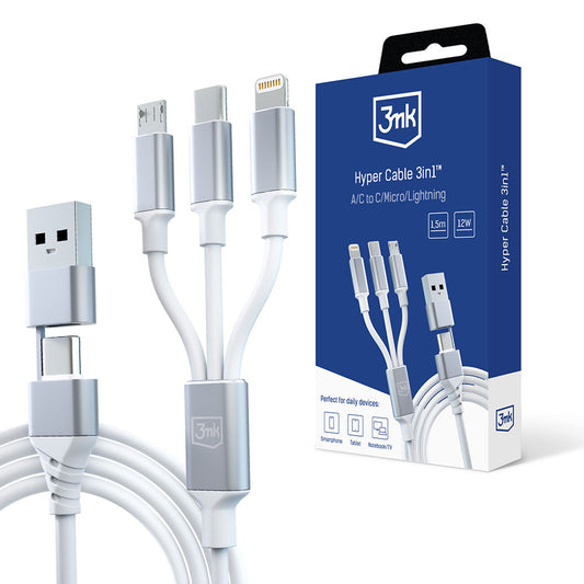 Kabel Ładowania USB-A / USB-C - Lightning / microUSB / USB-C 3MK Hyper 3in1, 12W, 1.5m, Biały
