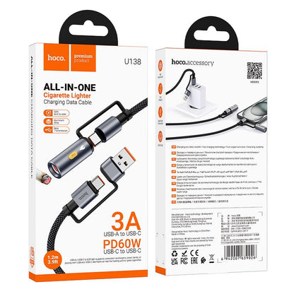 Kabel do danych i ładowania USB-C / USB-A - USB-C / Elektryczny zapalniczka HOCO U138, 60W, 1.2m, Czarny