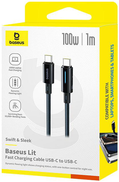 Kabel do danych i ładowania USB-C - USB-C Baseus Lit Button Control, 100W, 1m, Czarny P10379000121-00