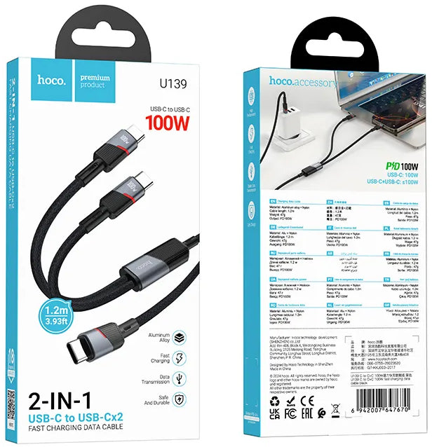 Kabel USB-C do danych i ładowania - 2 x USB-C HOCO U139 2w1, 100W, 1,2m, Czarny