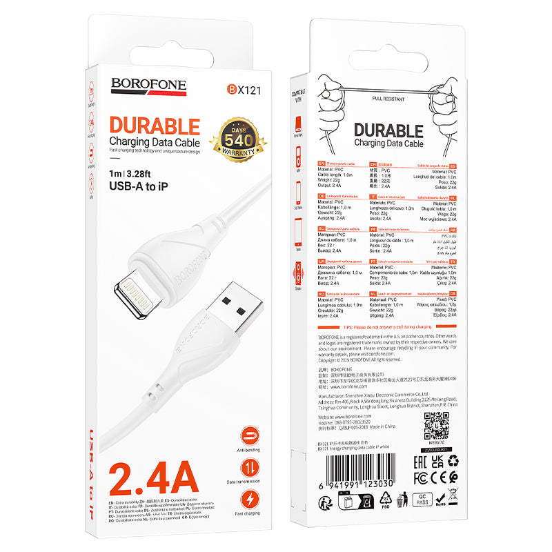 Kabel do danych i ładowania USB-A - Lightning Borofone BX121 Energy, 18W, 1m, Biały